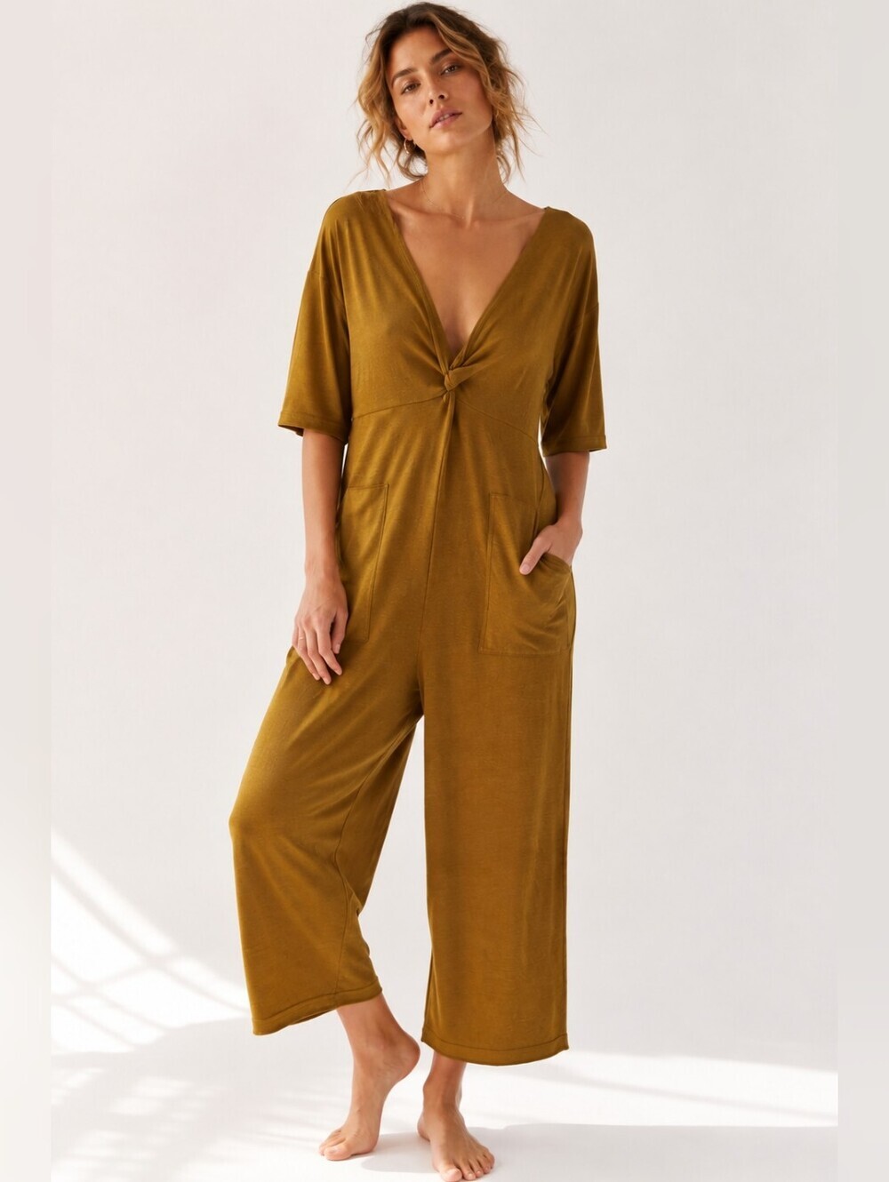 Free People Beach Linen Jumpsuit Ocre Mustard Oversized Twist Cut Out Small